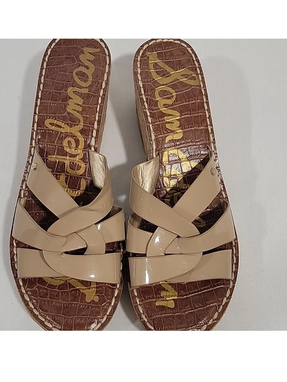 SAM EDELMAN Nude Raynere Patent Leather Cork Wedge Slip On Sandals